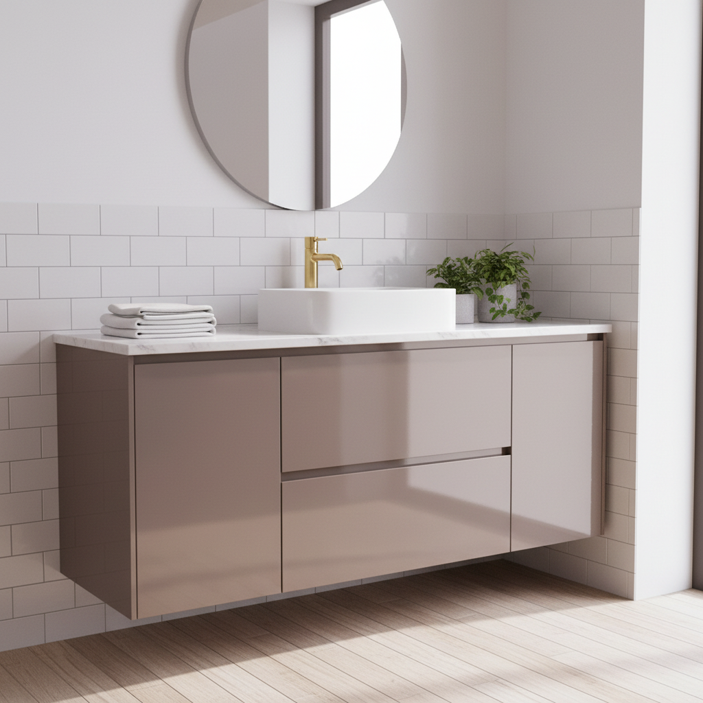 Uni lack taupe kontaktplast på baderomskap i skandinavisk bad