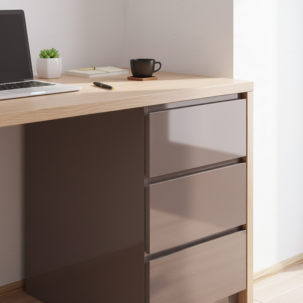 Uni lack taupe kontaktplast på skrivebordsskap i moderne hjemmekontor
