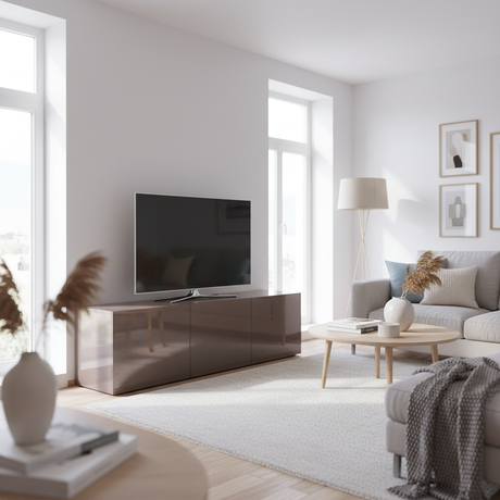 Uni lack taupe kontaktplast på TV-benk i nordisk stue