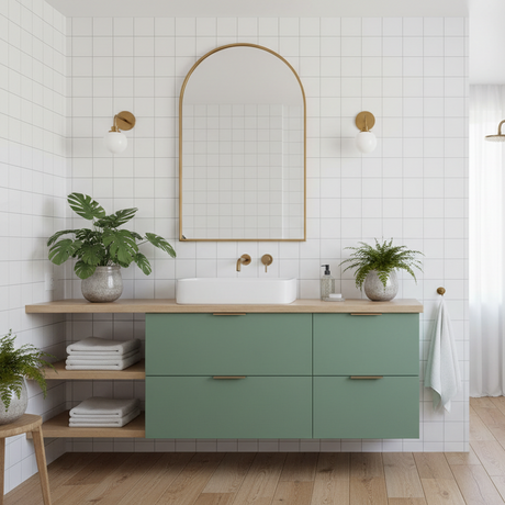 Uni matt jade green kontaktplast på baderomskap i skandinavisk bad