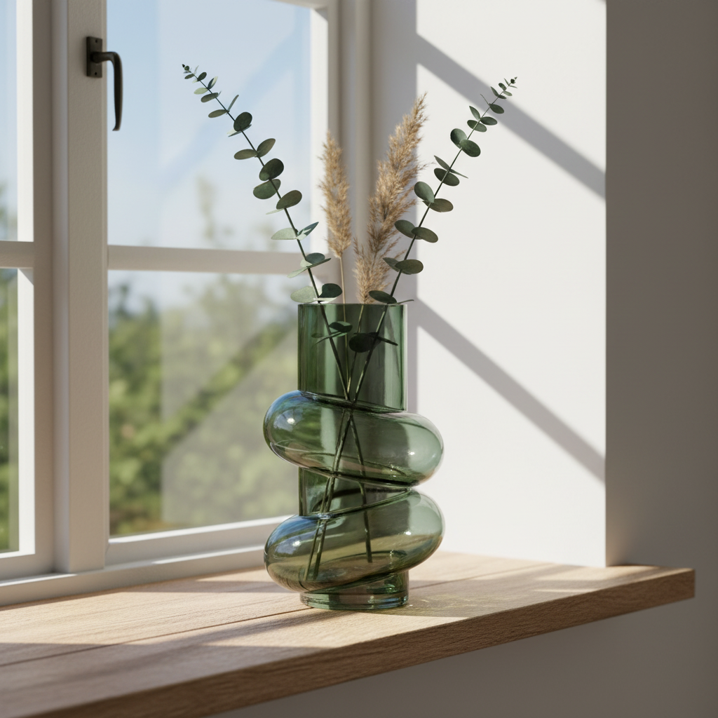 Vase flaskegrønn glass stabelbar håndholdt demonstrasjon størrelse
