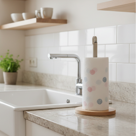 Kjøkkenrullstativ med naturlig trebunn brukt ved vask og benkeplate