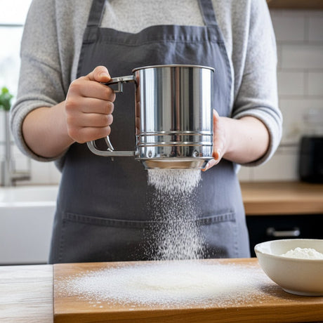 Melsikt i rostfritt stål från KitchenCraft, används för att sika mjöl över bagebord