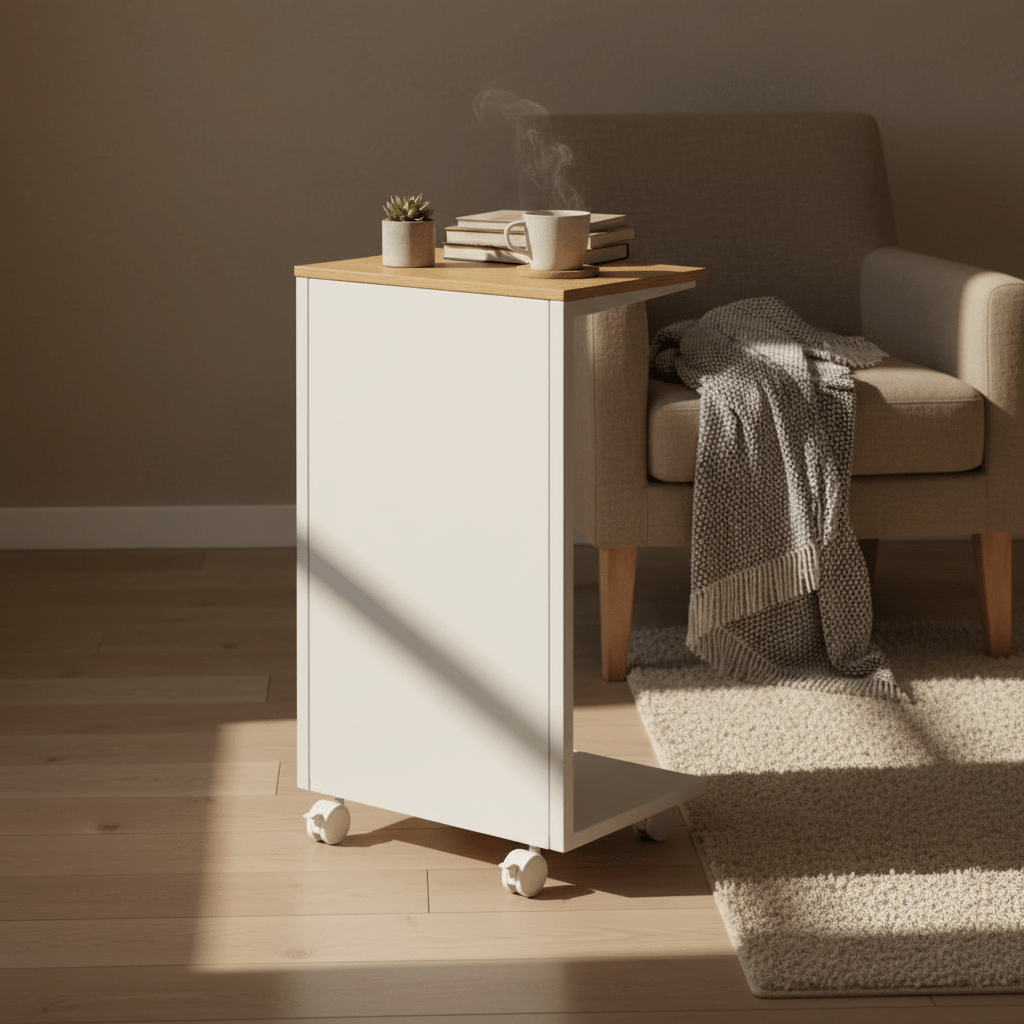 Yamazaki Tower sidebord hvit med naturfarget treplate og hjul, sentrert på varm beige bakgrunn med mykt sidelys – stemningsfylt produktbilde
