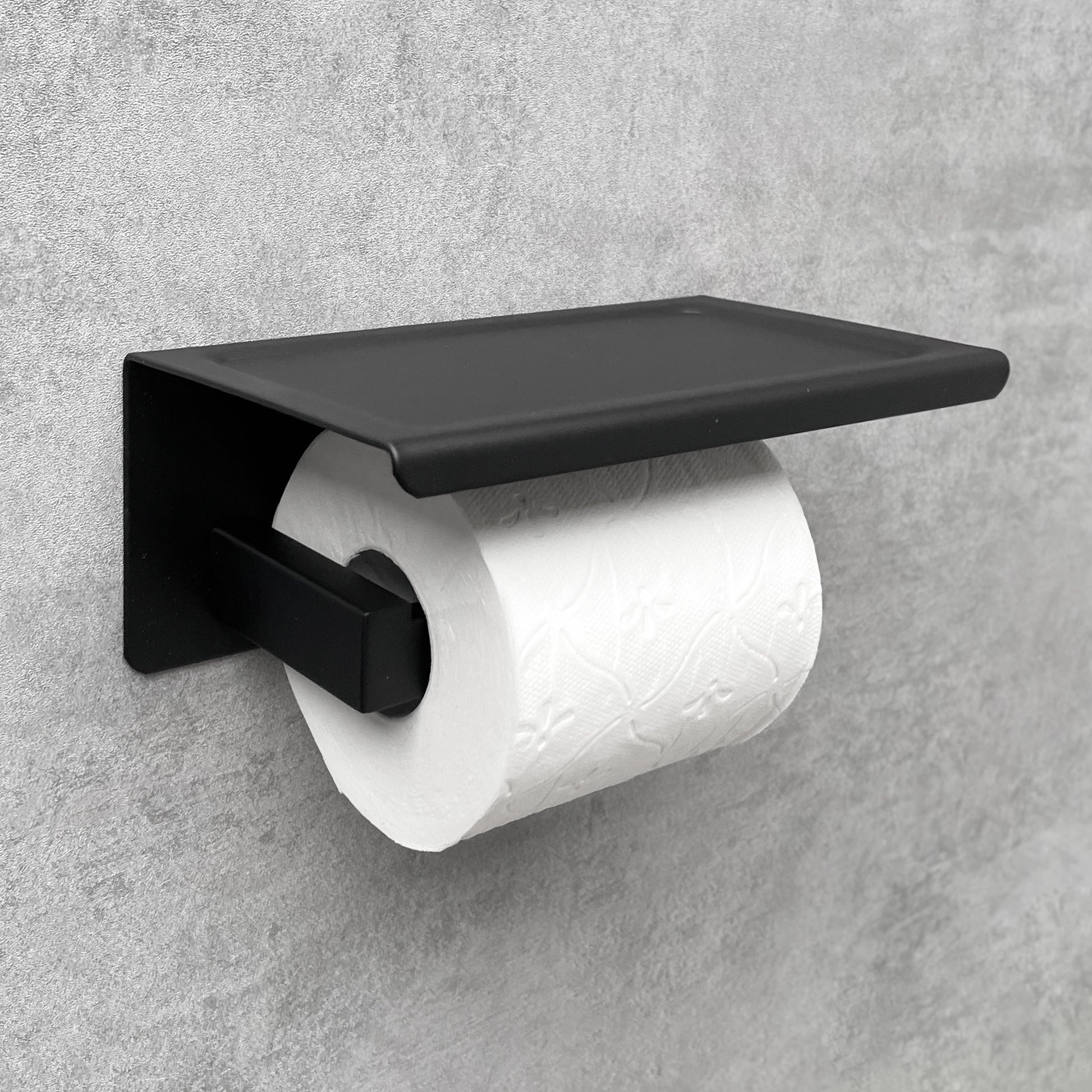 Toalettrullehållare med hylla, svart metall