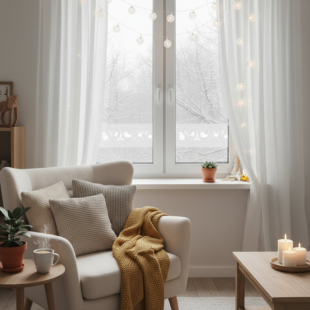 Genanvendelig vinterfolie på et vindue med lys og julepynt fra Lindas Dekor