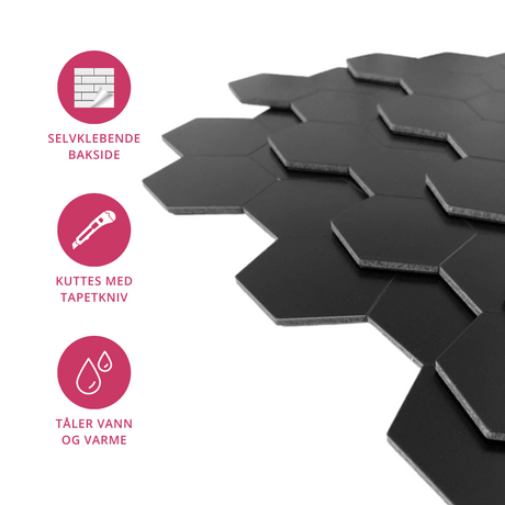 Moderne kjøkken med sorte matt hexagonfliser over benk og vask.