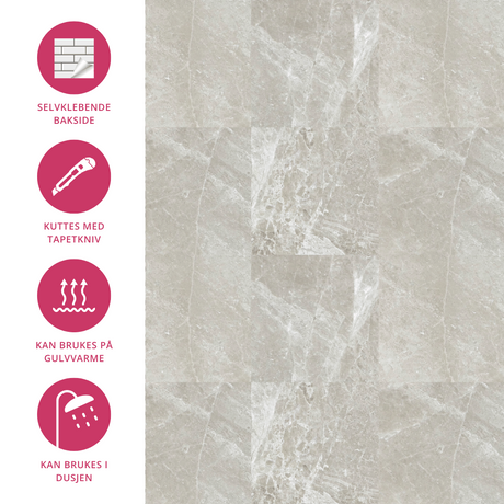 Detaljbilde av dusjarmatur montert over fliser i beige kalkdesign.