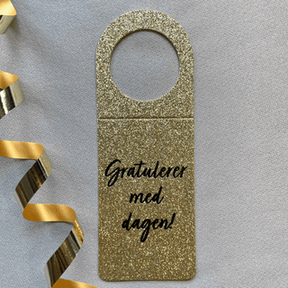Flaskekort "Gratulerer", gull/glitter