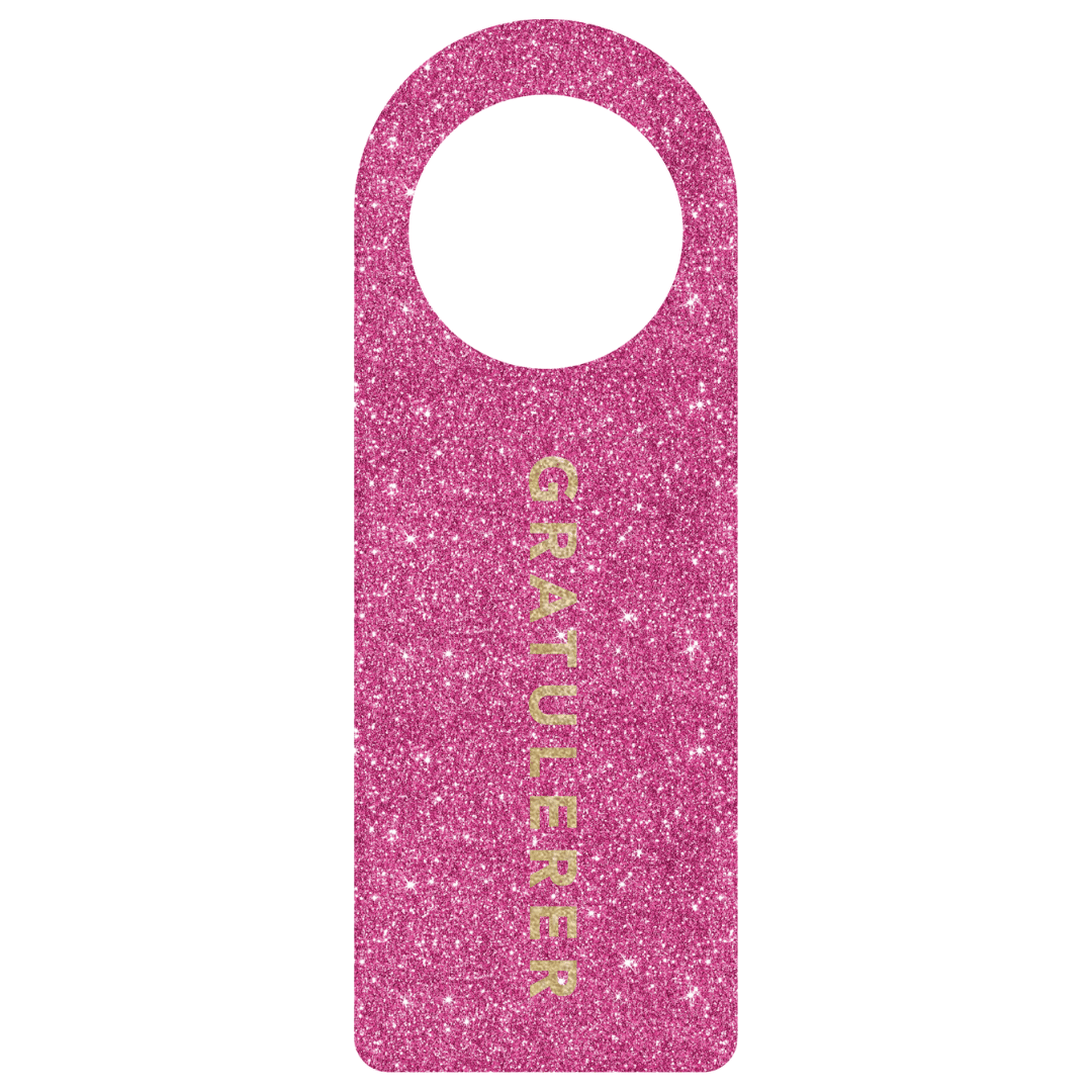 Flaskekort "Gratulerer", rosa/glitter