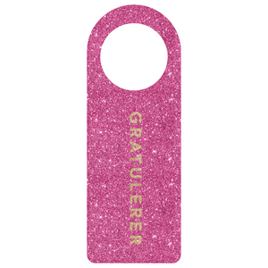 Flaskekort "Gratulerer", rosa/glitter