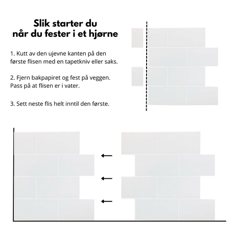 Produktinformasjon og mål på Subway hvite selvklebende fliser.