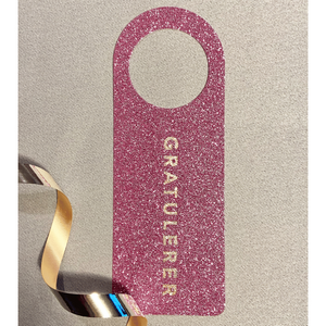 Flaskekort "Gratulerer", rosa/glitter