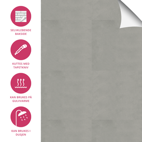 Instruksjonsbilde for montering av Berlin betong selvklebende fliser.