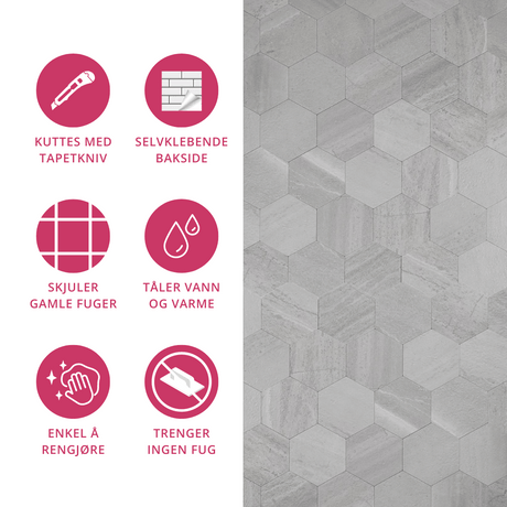 sekskantede betongfliser i lysegrått montert som veggdekor på kjøkken eller bad"
