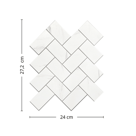 Selvheftende fliser som gir kjøkkenveggen en moderne marmorlook.